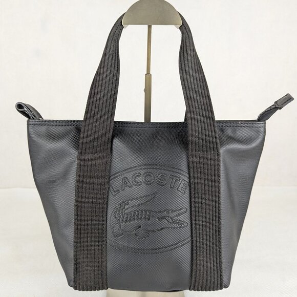 Lacoste Mini Tote Bag Black Canvas Striped Handles Zip Closure - Picture 1 of 10